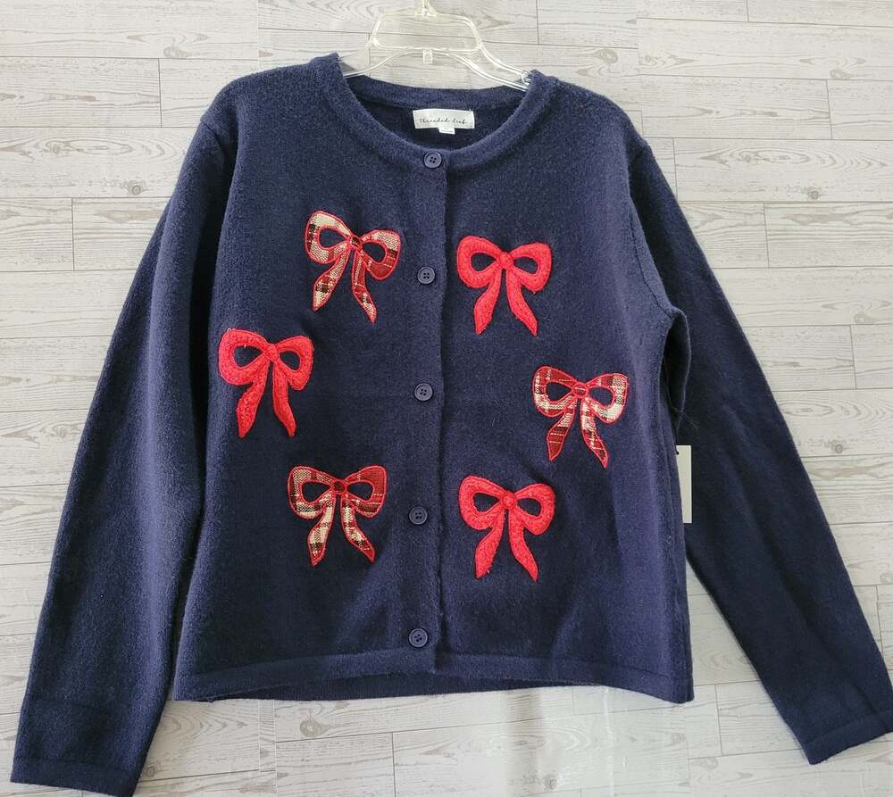 Threaded Leaf Coquette Bow Cardigan Sweater Navy Size XL Heavyweight Preppy New